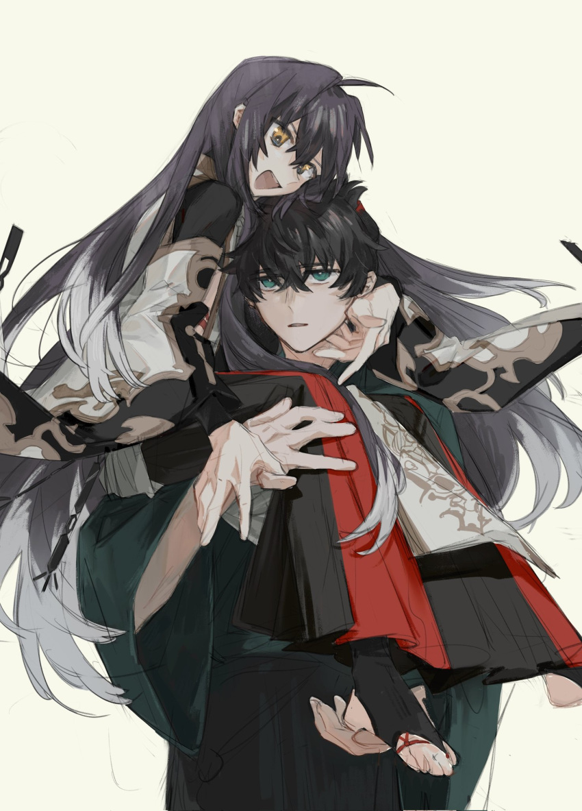 1boy 1other :d ahoge androgynous black_hair black_hakama blue_eyes blue_kimono carrying carrying_person coral12131 fate/grand_order fate/samurai_remnant fate_(series) hair_down hakama highres japanese_clothes kimono long_hair miyamoto_iori_(fate) orange_eyes shirt short_hair shoulder_carry sidelocks simple_background sitting_on_shoulder smile topknot white_background white_kimono yamato_takeru_(fate) yamato_takeru_(third_ascension)_(fate)