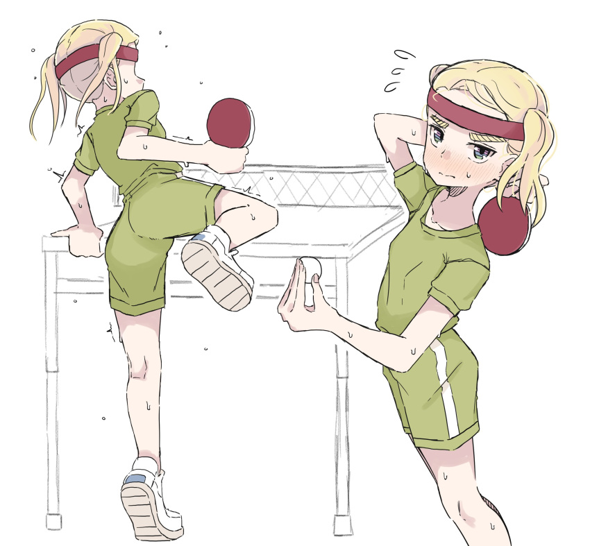 1girl absurdres ass ball blonde_hair borrowed_character breasts flying_sweatdrops gym_shorts harsha_(eisu) headband highres original paddle shoes shorts simple_background small_breasts sneakers table_tennis table_tennis_ball table_tennis_paddle thick_eyebrows twintails white_background zlix0n