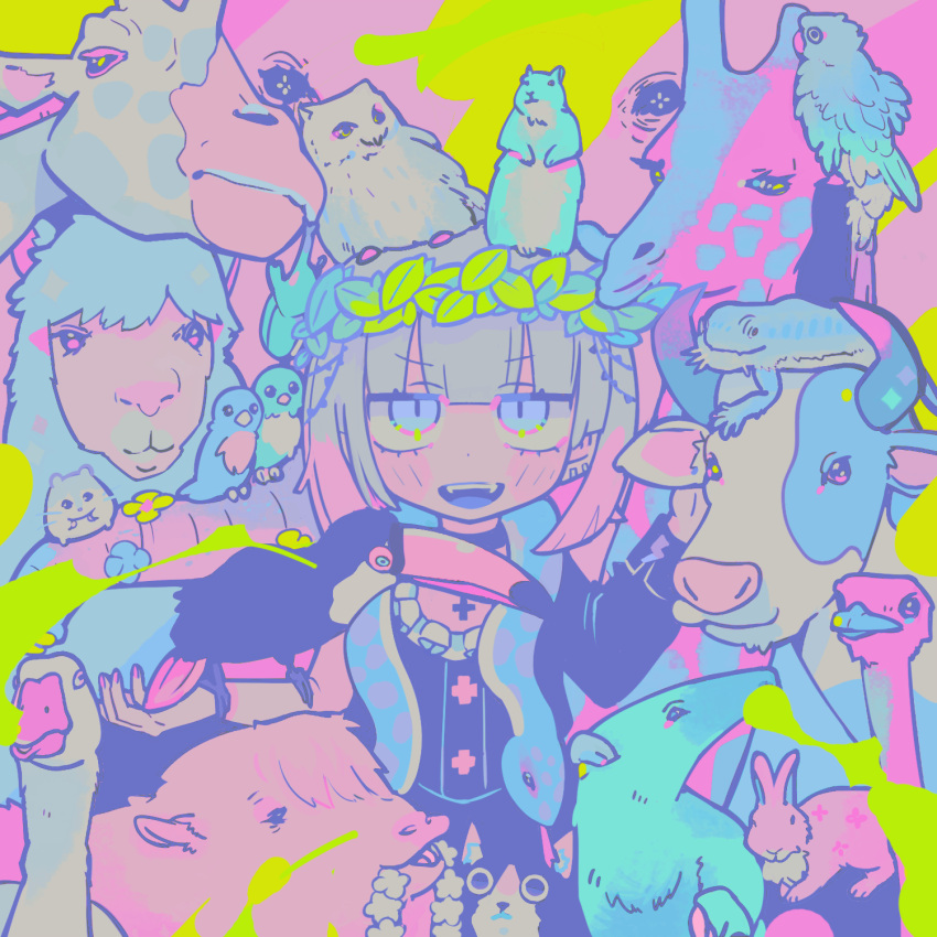 1girl alpaca animal_on_arm animal_on_head anteater bearded_dragon bird bird_on_arm bird_on_head black_choker black_shirt black_skirt black_sleeves blunt_bangs blush_stickers cat character_request choker colored_tips commentary_request copyright_request cow cowboy_shot cross cross_choker double-parted_bangs ear_piercing eyelashes fangs frilled_shirt frills goose green_background hamster head_wreath highres leaf long_sleeves looking_at_viewer medium_hair multicolored_hair on_head open_mouth ostrich outstretched_arm owl parrot pastel_colors piercing pink_background pink_hair pink_nails rabbit shirt single_bare_arm single_sleeve skirt skirt_set smile snake solo squirrel straight-on teeth terada_tera toucan two-tone_background upper_teeth_only violet_eyes white_hair
