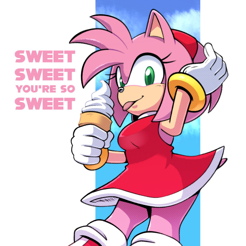 amy_rose boots dress eyelashes food gloves green_eyes headband hedgehog highres holding holding_hair hyoumaru ice_cream jewelry looking_at_viewer pink_fur red_dress red_headband ring sonic_(series) thighs tongue tongue_out