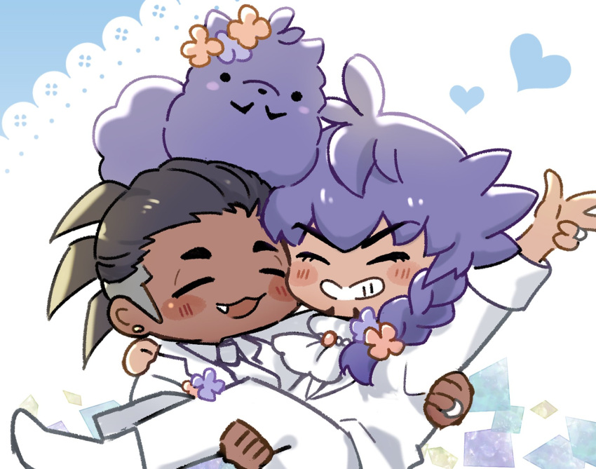 2boys :d animal_on_head animalization arm_up blush_stickers braid chibi closed_eyes commentary_request earrings facial_hair fang grin hand_on_another's_shoulder heart highres jacket jewelry leon_(pokemon) long_sleeves male_focus multiple_boys on_head open_mouth pants pokemon pokemon_swsh purple_hair raihan_(pokemon) single_braid smile teeth w white_jacket white_pants yunoru
