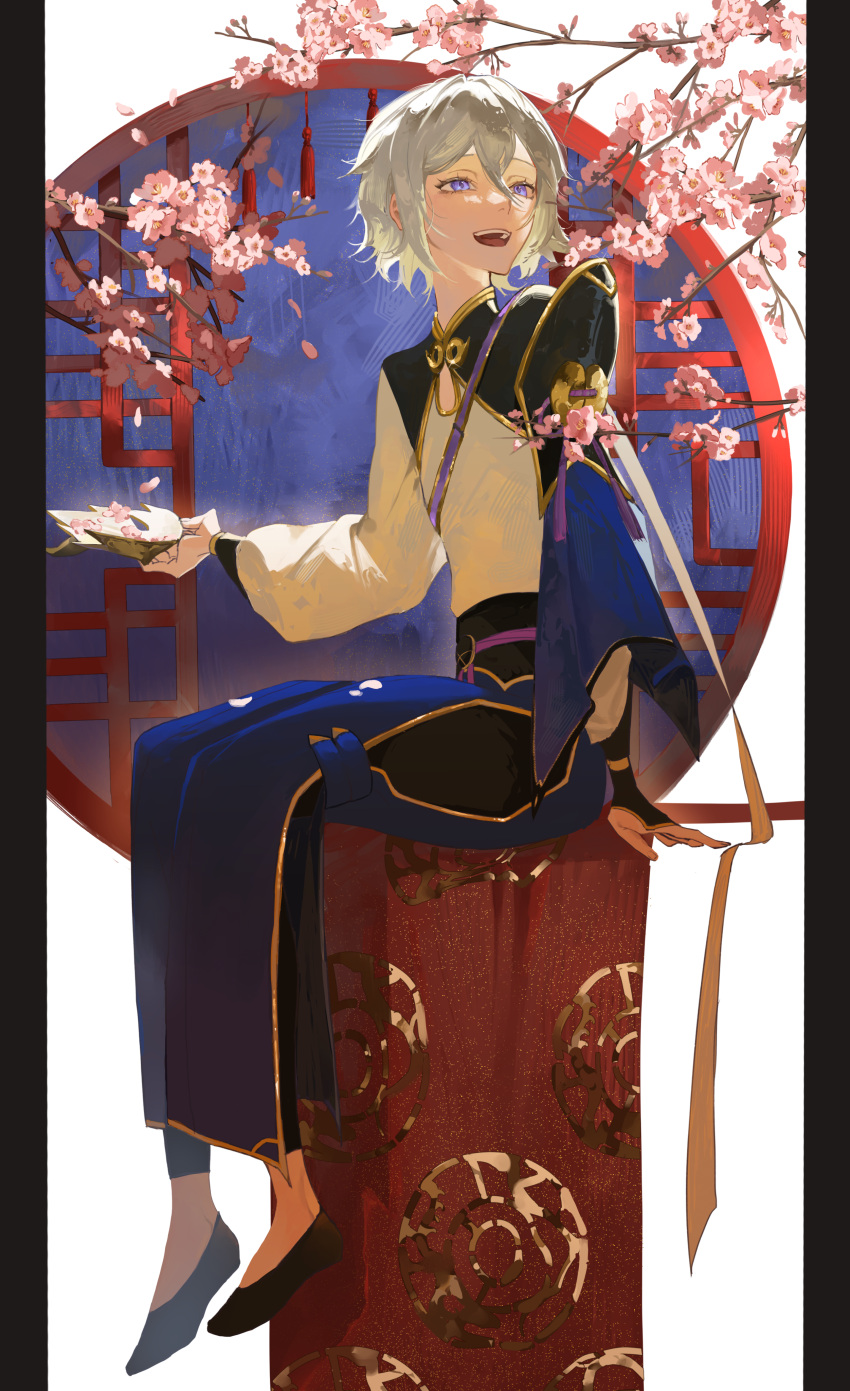 1boy absurdres bishounen blue_eyes blush branch cherry_blossoms chinese_clothes eyelashes fate/grand_order fate_(series) full_body grey_hair hair_between_eyes highres holding holding_mask horned_mask long_sleeves male_focus mask open_mouth prince_of_lan_ling_(fate) round_window short_hair sitting smile solo unworn_mask white_hair window zuraa_(naunau_seijin)