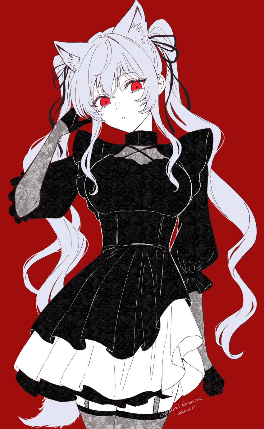1girl absurdres animal_ears black_dress black_gloves black_ribbon black_thighhighs breasts cat_ears commentary_request cowboy_shot dated dress garter_straps gloves hair_ribbon hand_up highres large_breasts long_hair long_sleeves looking_at_viewer noripro parted_lips red_background red_eyes ribbon shirayuki_mishiro solo thigh-highs twintails twitter_username virtual_youtuber yuri_kyanon