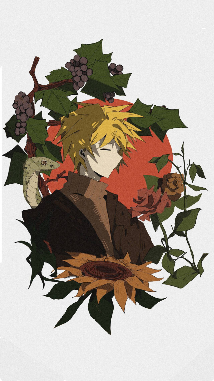 1boy atou_haruki blonde_hair brown_jacket brown_sweater buzhun_shangzhuo_chifan chinese_commentary closed_eyes closed_mouth commentary_request film_grain flower food fruit grapes highres jacket male_focus open_clothes open_jacket profile red_flower red_rose ribbed_sweater rose saibou_shinkyoku short_hair snake solo sunflower sweater turtleneck turtleneck_sweater