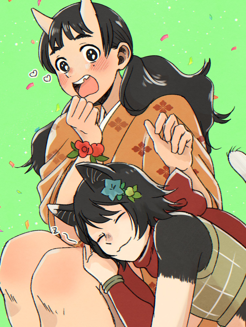 0mi_dot 2girls affectionate animal_ears armor black_hair body_fur cat_ears cat_girl cat_tail chipped_tooth confetti crop_top dungeon_meshi flower flower_bracelet green_background hair_flower hair_ornament hair_over_shoulder hands_up happy heart highres horns inutade izutsumi japanese_clothes kimono lap_pillow leaning_on_person leather_armor long_hair long_sleeves low_twintails mismatched_animal_ear_colors mole mole_under_eye multiple_girls nuzzle oni open_mouth red_scarf scarf short_hair short_kimono sitting sleeveless smile surprised tail twintails