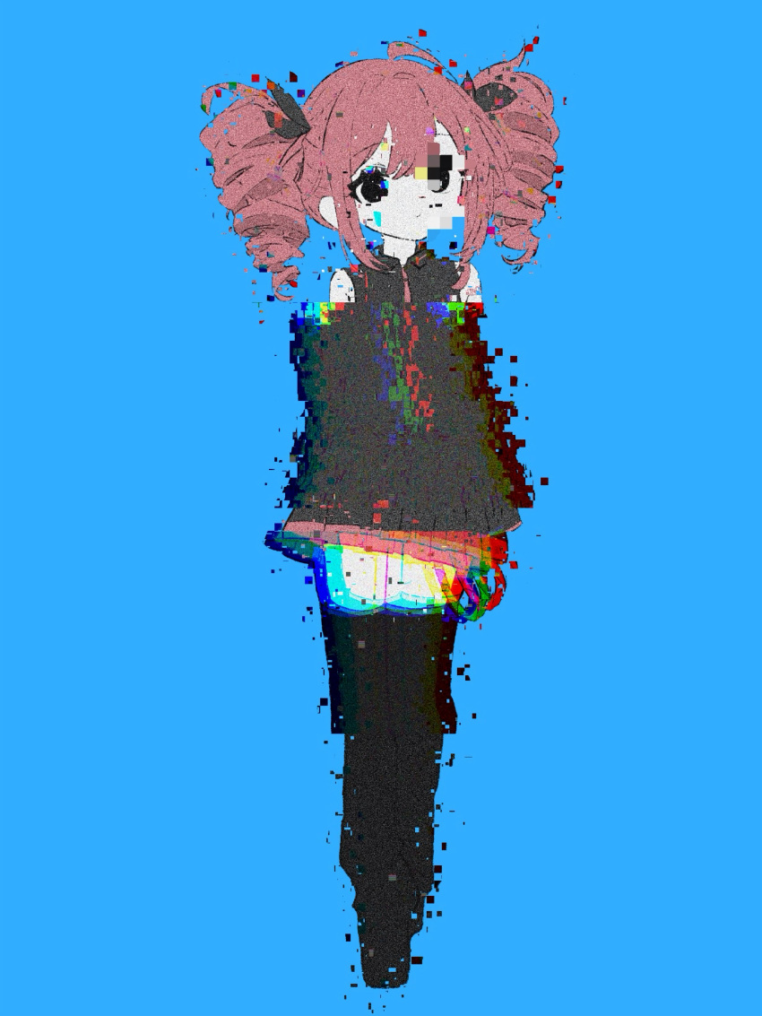 1girl absurdres ahoge arms_at_sides black_eyes black_footwear black_ribbon black_shirt black_skirt black_sleeves blue_background boots closed_mouth collared_shirt commentary_request detached_sleeves dot_mouth drill_hair empty_eyes expressionless full_body glitch hair_ribbon highres kasane_teto long_sleeves looking_at_viewer medium_hair miniskirt mochu_(aoishikabane) pleated_skirt redhead ribbon shirt sidelocks simple_background skirt skirt_set sleeveless sleeveless_shirt solo standing thigh_boots twin_drills twintails utau