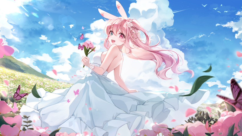 1girl absurdres animal_ears bare_shoulders bird blue_sky blush bouquet bug butterfly clouds cloudy_sky day dress dutch_angle fake_animal_ears falling_petals field flower from_side grass green_eyes highres hill holding holding_bouquet hyeya long_hair looking_at_viewer motion_blur open_mouth original outdoors petals pink_eyes pink_flower pink_hair rabbit_ears sky smile teeth two-tone_eyes two_side_up upper_teeth_only white_dress wide_shot wrist_cuffs
