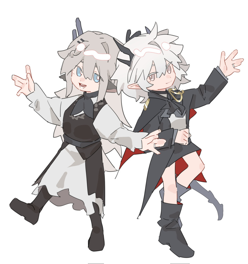 2girls alina_(arknights) animal_ears arknights arm_up ascot black_ascot black_dress black_footwear black_jacket blue_eyes boots bright_pupils closed_mouth commentary deer_ears dress fang grey_eyes grey_hair hair_ornament hairclip highres horns jacket jewelry long_hair long_sleeves molu_stranger multiple_girls open_mouth outstretched_arms ring smile talulah_(arknights) wedding_ring white_background white_dress white_hair white_pupils wife_and_wife