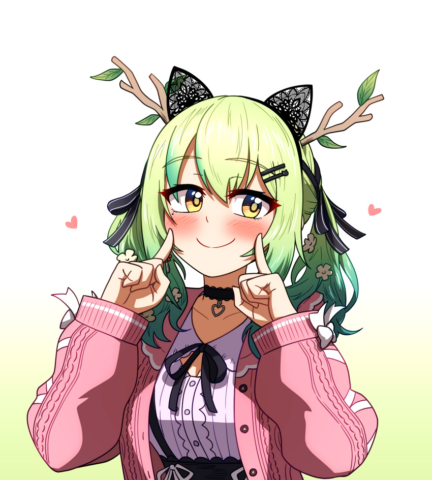 1girl antlers blush breasts brown_eyes ceres_fauna choker closed_mouth ddolbang gradient_hair green_hair hair_ornament hairclip heart heart_choker highres hololive hololive_english horns index_fingers_raised long_sleeves looking_at_viewer medium_breasts mole mole_under_eye multicolored_hair smile solo two-tone_hair virtual_youtuber