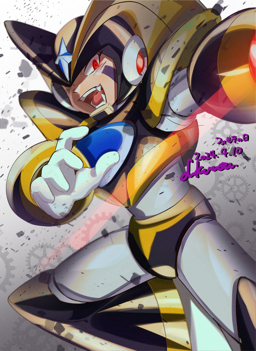 1boy android arm_cannon armor baron-0628 bass_(mega_man) black_armor black_helmet chest_jewel dated facial_mark fangs fins forehead_jewel head_fins highres light_trail male_focus mega_man_(classic) mega_man_(series) open_mouth red_eyes solo translation_request weapon