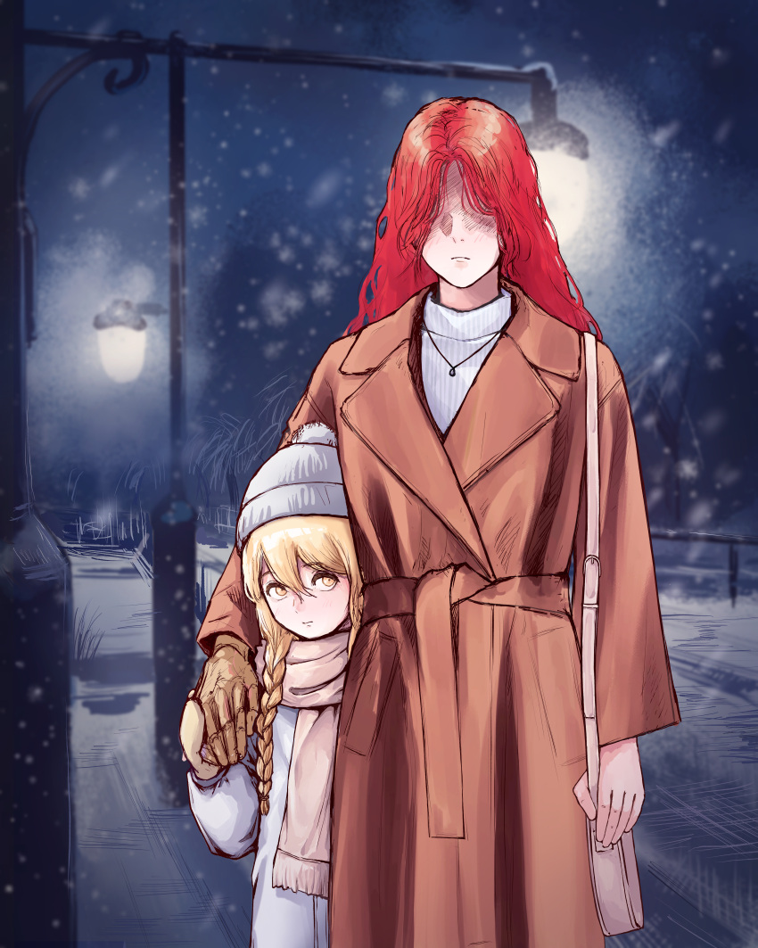 1boy 1girl absurdres alternate_costume bag beanie blonde_hair braid brother_and_sister brown_jacket closed_mouth commentary contemporary elden_ring english_commentary handbag hat height_difference highres holding_hands jacket jewelry jinu_(pixiv84296916) long_hair long_sleeves looking_at_viewer malenia_blade_of_miquella miquella_(elden_ring) mittens necklace night no_eyes otoko_no_ko outdoors pink_bag pink_scarf prosthesis prosthetic_arm redhead ribbed_sweater scarf siblings side_braid snow snowing sweater turtleneck turtleneck_sweater twins white_sweater winter_clothes yellow_eyes