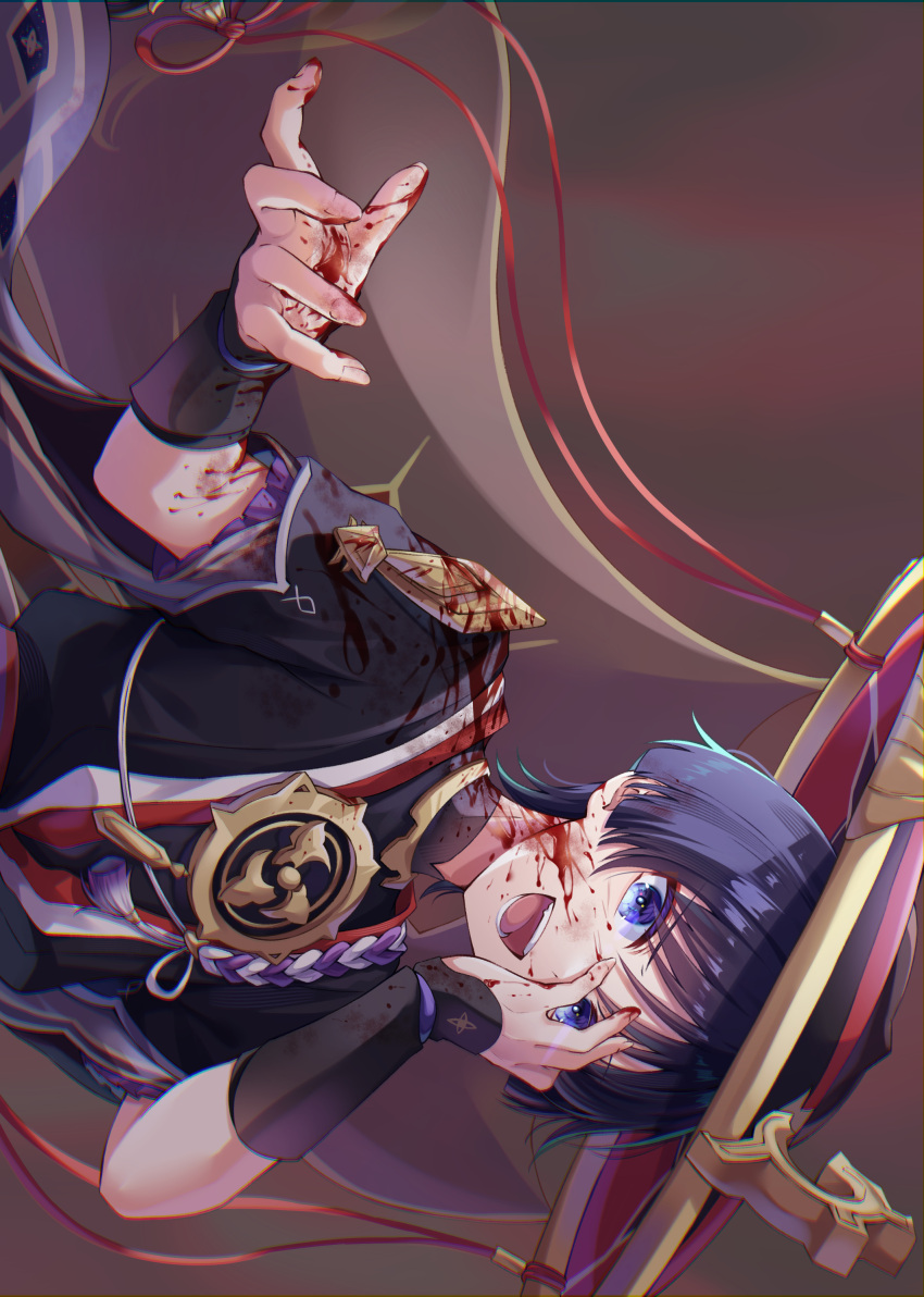 168_azusa 1boy absurdres armor black_hair black_shirt blood blood_on_clothes blood_on_face blood_on_hands blue_eyes blunt_ends brown_background choppy_bangs commentary_request crazy_smile eyeshadow fang genshin_impact gold_trim hair_between_eyes hand_on_own_face hands_up hat hat_ribbon highres japanese_armor japanese_clothes jewelry jingasa kote kurokote looking_at_viewer makeup male_focus necklace open_mouth red_eyeshadow red_headwear red_ribbon ribbon rope scaramouche_(genshin_impact) shirt short_hair short_sleeves sideways simple_background smile solo tassel teeth tongue upper_body v-shaped_eyebrows veil