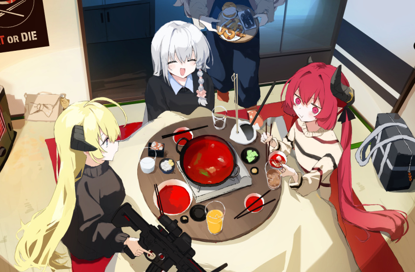 4girls akari_(blue_archive) black_horns blonde_hair blue_archive blush braid closed_eyes closed_mouth demon_horns eating grey_hair hair_between_eyes haruna_(blue_archive) horns izumi_(blue_archive) junko_(blue_archive) long_hair multiple_girls open_mouth qtwz red_eyes redhead side_braid sitting smile twintails