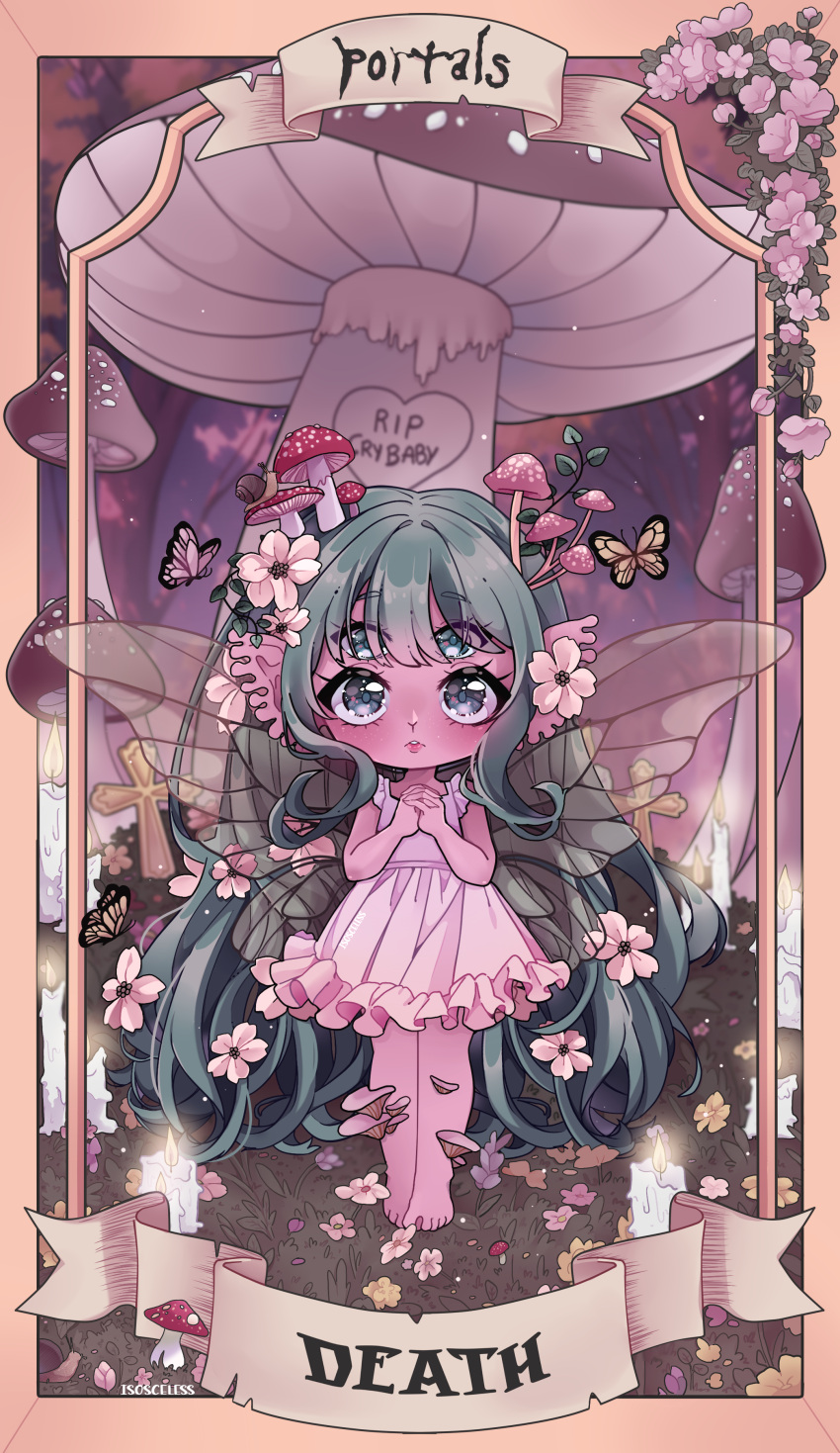 1girl absurdly_long_hair absurdres barefoot blue_eyes bug butterfly butterfly_wings chibi colored_skin cross cry_baby_(portals) death_(tarot) dress extra_eyes flower full_body grass green_hair hair_flower hair_ornament highres insect_wings isosceless long_hair looking_at_viewer melanie_martinez mushroom mushroom_on_head own_hands_together parted_lips pink_skin real_life sleeveless sleeveless_dress solo tarot tarot_(medium) very_long_hair wings