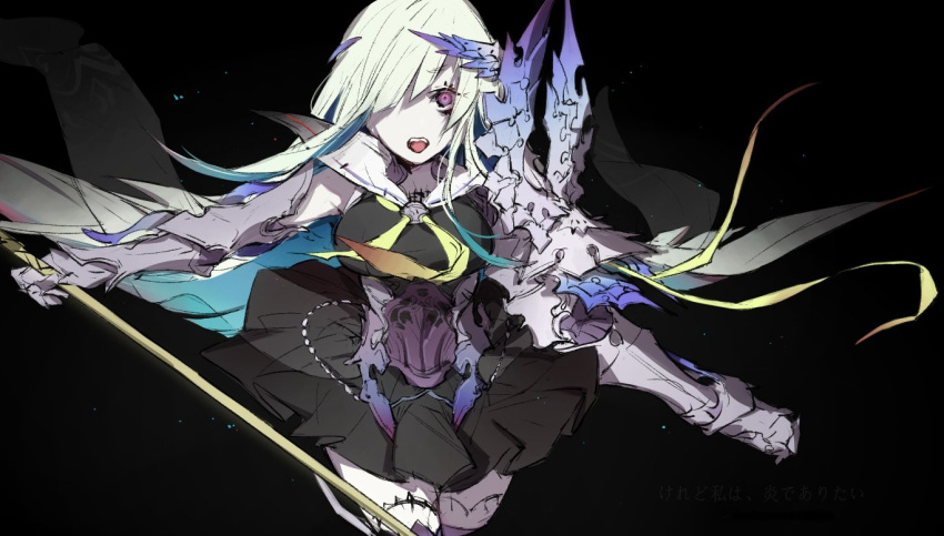 1girl armor black_background black_dress blue_hair brynhildr_(fate) chuzenji colored_inner_hair cowboy_shot dress fate/prototype fate/prototype:_fragments_of_blue_and_silver fate_(series) gauntlets holding holding_polearm holding_weapon long_hair looking_at_viewer multicolored_hair neckerchief open_mouth pale_skin plackart polearm sailor_collar simple_background solo teeth two-tone_hair upper_teeth_only violet_eyes weapon white_hair white_sailor_collar yellow_neckerchief