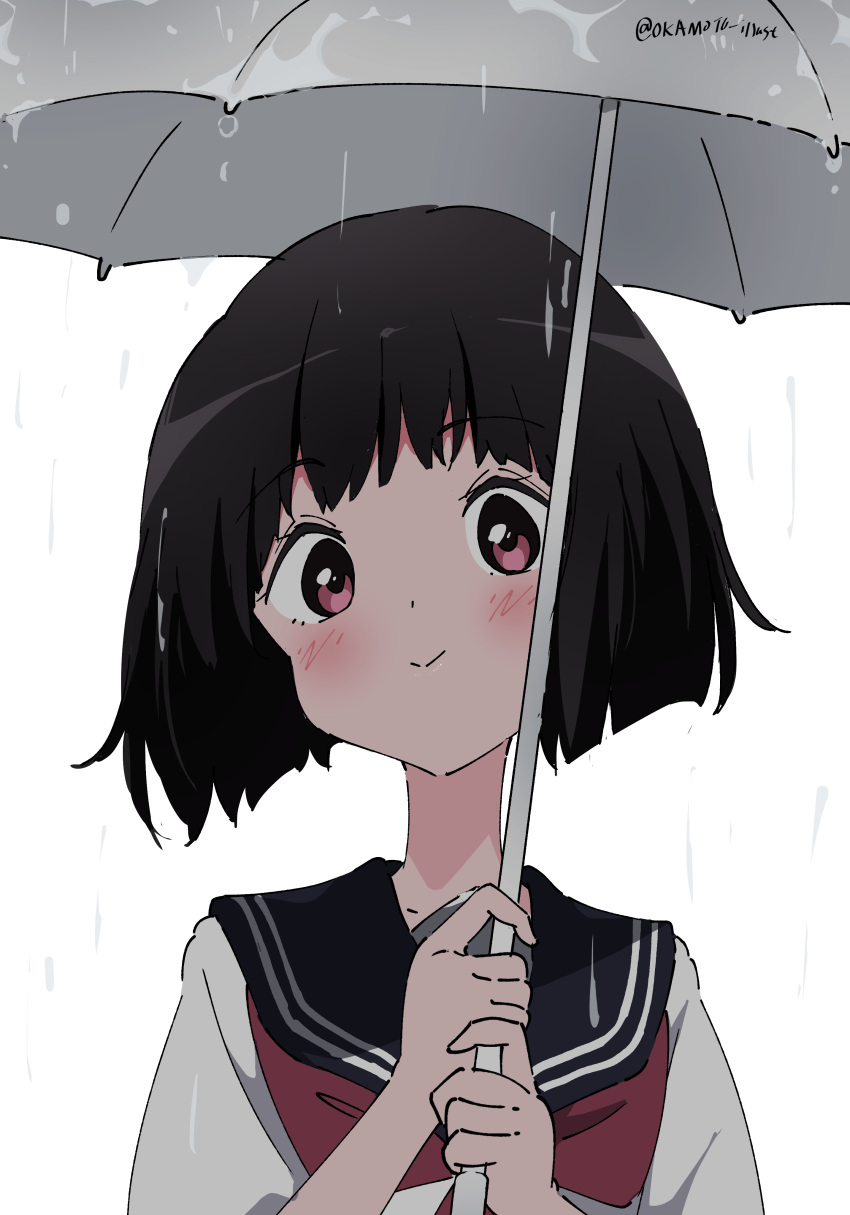 1girl absurdres black_hair black_sailor_collar blush closed_mouth commentary dot_nose hands_up highres holding holding_umbrella looking_at_viewer necktie original pink_eyes rain red_necktie sailor_collar school_uniform shirt short_hair simple_background smile solo twitter_username umbrella uniform upper_body white_background white_gorilla_(okamoto) white_shirt