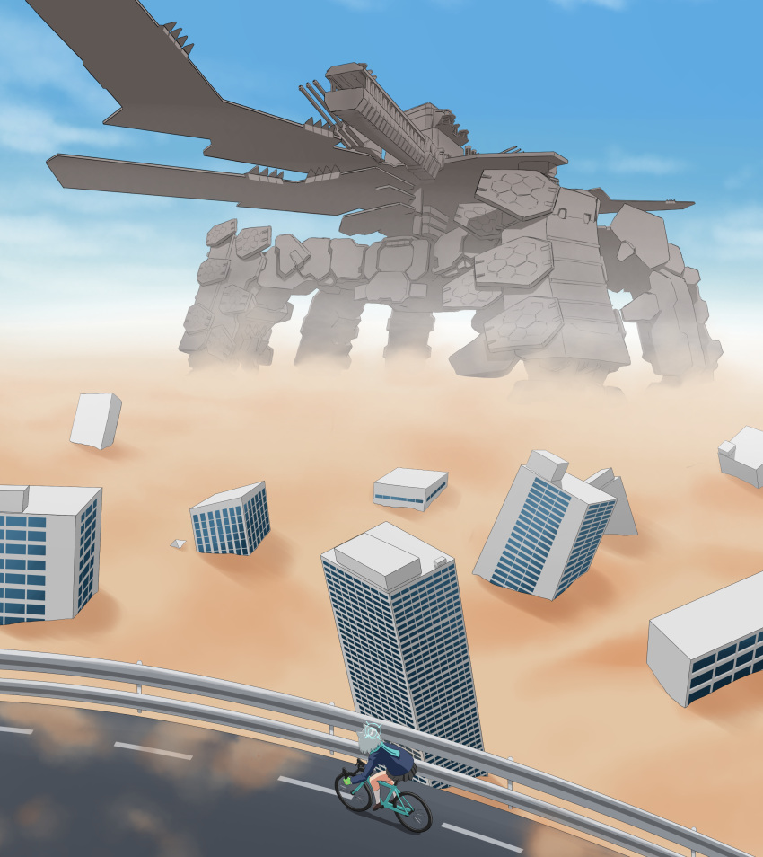 1girl absurdres armored_core armored_core:_for_answer artist_request bicycle blue_archive blue_sky building clouds desert halo highres highway mecha mechanical_parts riding robot shiroko_(blue_archive) sky spirit_of_mother_will turret