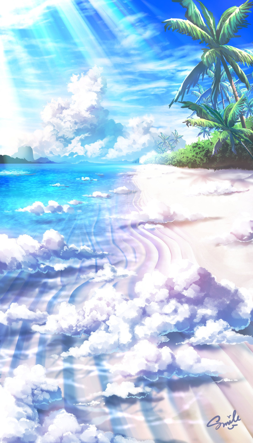 absurdres blue_background blue_sky clouds cloudy_sky highres landscape no_humans ocean original palm_tree sand scenery sky smile_(qd4nsvik) sunlight tree