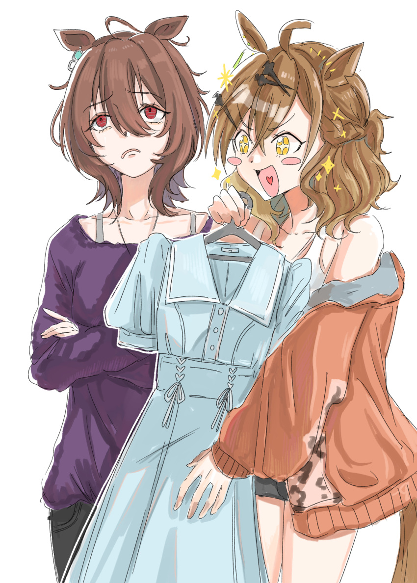 2girls :d agnes_tachyon_(umamusume) ahoge animal_ears annoyed bare_shoulders blue_dress blush_stickers brown_hair clothes_hanger commentary cowboy_shot crossed_arms disdain dress excited frown furrowed_brow futomayugorou grimace hair_between_eyes hair_ornament heart heart_in_mouth highres holding holding_clothes holding_clothes_hanger holding_dress horse_ears horse_girl jacket jungle_pocket_(umamusume) long_sleeves looking_at_another looking_up medium_hair multiple_girls notched_ear off_shoulder omotimottimotti puffy_short_sleeves puffy_sleeves purple_shirt red_eyes red_jacket scowl shirt short_hair short_sleeves smile sparkle sparkling_eyes standing tank_top umamusume umamusume:_beginning_of_a_new_era unworn_dress upturned_eyes v-shaped_eyebrows white_background white_tank_top yellow_eyes