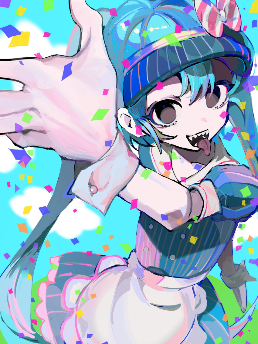 1girl apron black_eyes black_mouth bow confetti crazy dress empty_eyes foreshortening from_above hatsune_miku highres mesmerizer_(vocaloid) open_mouth pinstripe_dress pinstripe_hat pinstripe_pattern puffy_short_sleeves puffy_sleeves reneshoku_purin sharp_teeth short_sleeves smile solo striped_bow teeth tongue tongue_out visor_cap vocaloid waitress white_apron wrist_cuffs