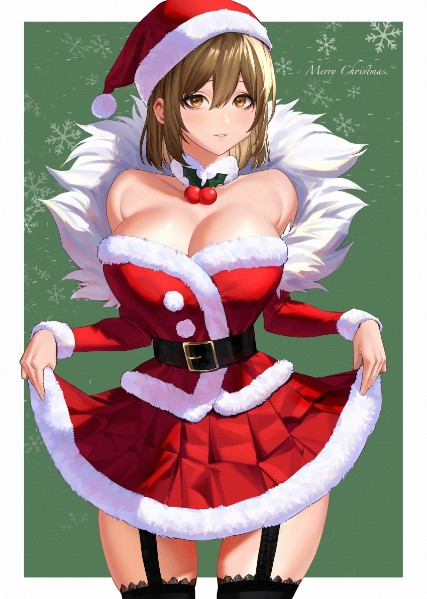 1girl absurdres belt black_thighhighs blush breasts brown_eyes brown_hair capelet christmas clothes_lift curtsey dress emo37337640 english_text fur-trimmed_capelet fur-trimmed_dress fur-trimmed_headwear fur_trim garter_straps hair_between_eyes hat highres large_breasts looking_at_viewer merry_christmas original red_capelet red_hat santa_costume santa_dress santa_hat short_hair smile snowflake_print solo thigh-highs