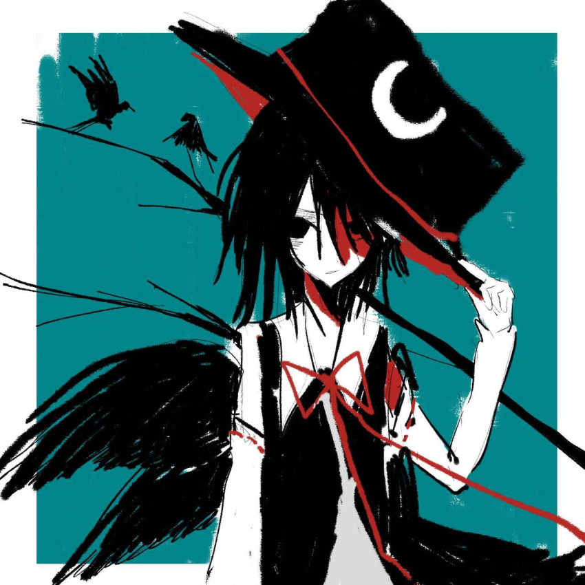 1gemao 1other androgynous aqua_background bare_shoulders bird bird_wings black_eyes black_hair black_hat black_vest black_wings border branch collared_shirt commentary cowboy_shot crow detached_sleeves enraku_tsubakura expressionless eye_of_senri hair_between_eyes hand_on_headwear hat hat_tip highres len'en long_sleeves medium_hair neck_ribbon open_clothes open_vest other_focus outside_border parted_lips red_ribbon ribbon ribbon-trimmed_sleeves ribbon_trim shaded_face shirt simple_background sleeveless sleeveless_shirt solo symbol-only_commentary top_hat two-sided_fabric two-sided_headwear vest white_border white_shirt wings
