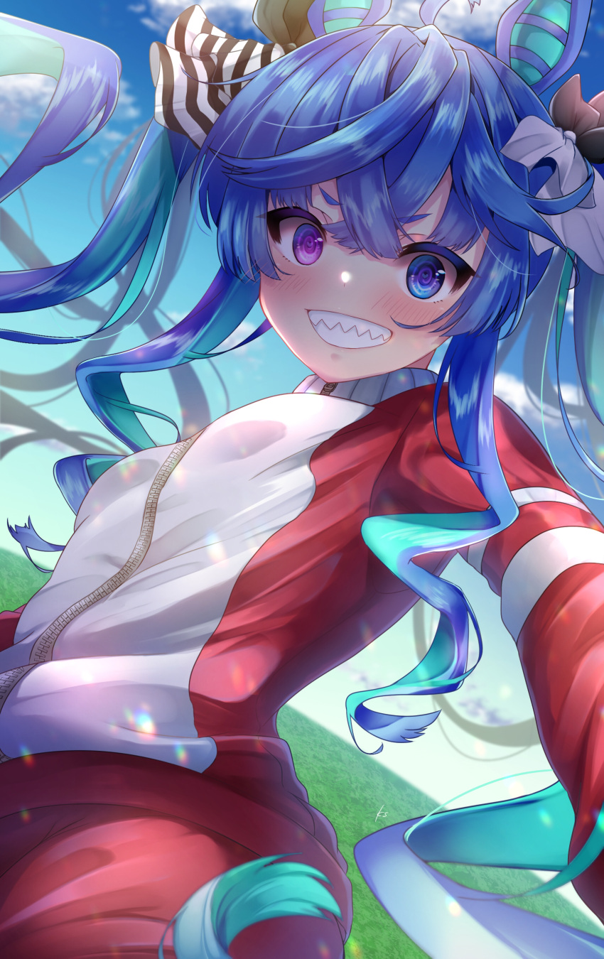 1girl @_@ absurdres ahoge animal_ears aqua_hair blue_eyes blue_hair blue_sky blush bow clouds commentary_request crossed_bangs grass grin hair_bow heterochromia highres horse_ears horse_girl jacket long_hair long_sleeves looking_at_viewer multicolored_hair outdoors outstretched_arm pants partial_commentary poco. reclining red_jacket red_pants selfie sharp_teeth sidelocks signature sky smile solo striped_bow teeth tracen_training_uniform track_jacket track_pants twin_turbo_(umamusume) twintails two-tone_hair umamusume upper_body very_long_hair violet_eyes zipper
