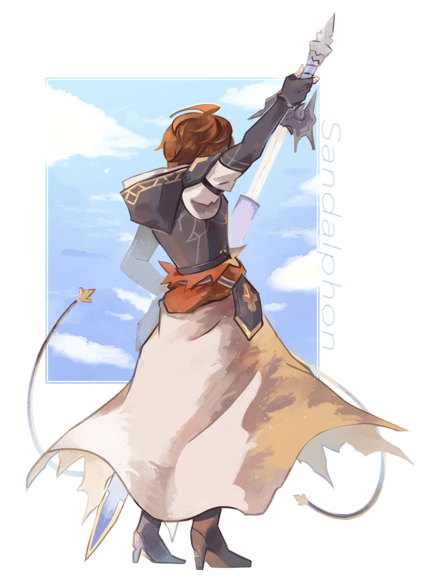absurdres ahoge arm_up armor belt blue_belt blue_sky boots breastplate brown_hair brown_wings cape clouds cloudy_sky english_commentary english_text fauxpapillon fingerless_gloves from_behind gloves granblue_fantasy high_heel_boots high_heels highres holding holding_sword holding_weapon hood hood_down male_focus messy_hair sandalphon_(granblue_fantasy) scabbard sheath sky sword weapon white_cape wings