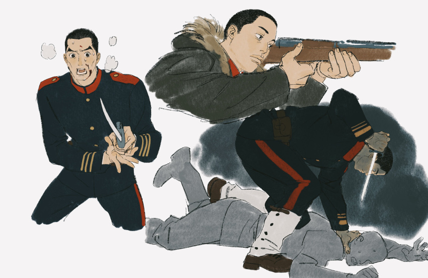 2boys absurdres black_eyes black_hair black_jacket black_pants blood blood_on_face breath buzz_cut character_request chengongzi123 chinese_commentary collared_jacket commentary_request cropped_legs dagger fur-trimmed_hood fur-trimmed_jacket fur_trim golden_kamuy gun hands_up heavy_breathing highres holding holding_dagger holding_gun holding_knife holding_weapon hood imminent_murder jacket knife long_sleeves looking_at_viewer lying male_focus military_uniform multiple_boys multiple_views on_stomach open_mouth pants rifle short_hair uniform very_short_hair weapon