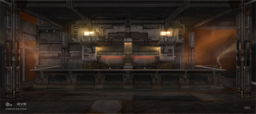 artist_name bar_(place) commentary company_name concept_art copyright_name counter eve_online georg_hilmarsson glowing indoors logo minmatar_republic_(eve_online) no_humans official_art rust science_fiction smoke spacecraft_interior