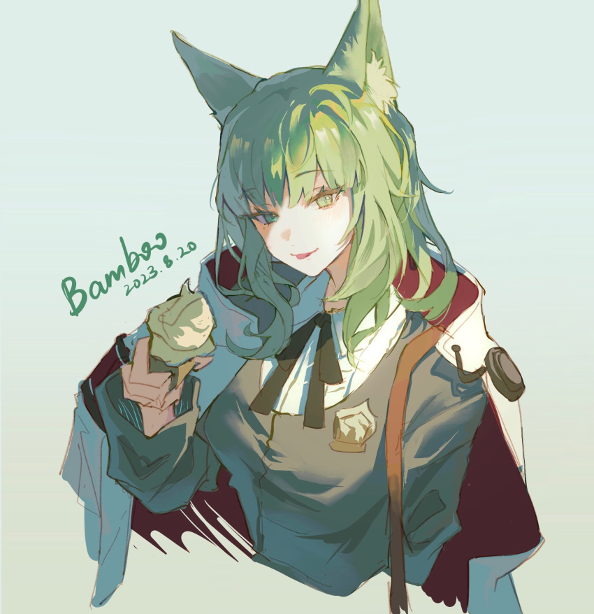 1girl :p animal_ear_fluff animal_ears arknights black_ribbon cape cat_ears cat_girl chinese_commentary commentary_request cropped_torso dated green_eyes green_hair grey_vest hand_up harmonie_(arknights) highres long_hair long_sleeves looking_at_viewer neck_ribbon red_cape ribbon shirt signature sketch smile solo tongue tongue_out two-sided_cape two-sided_fabric vest white_cape white_shirt zhutongfan