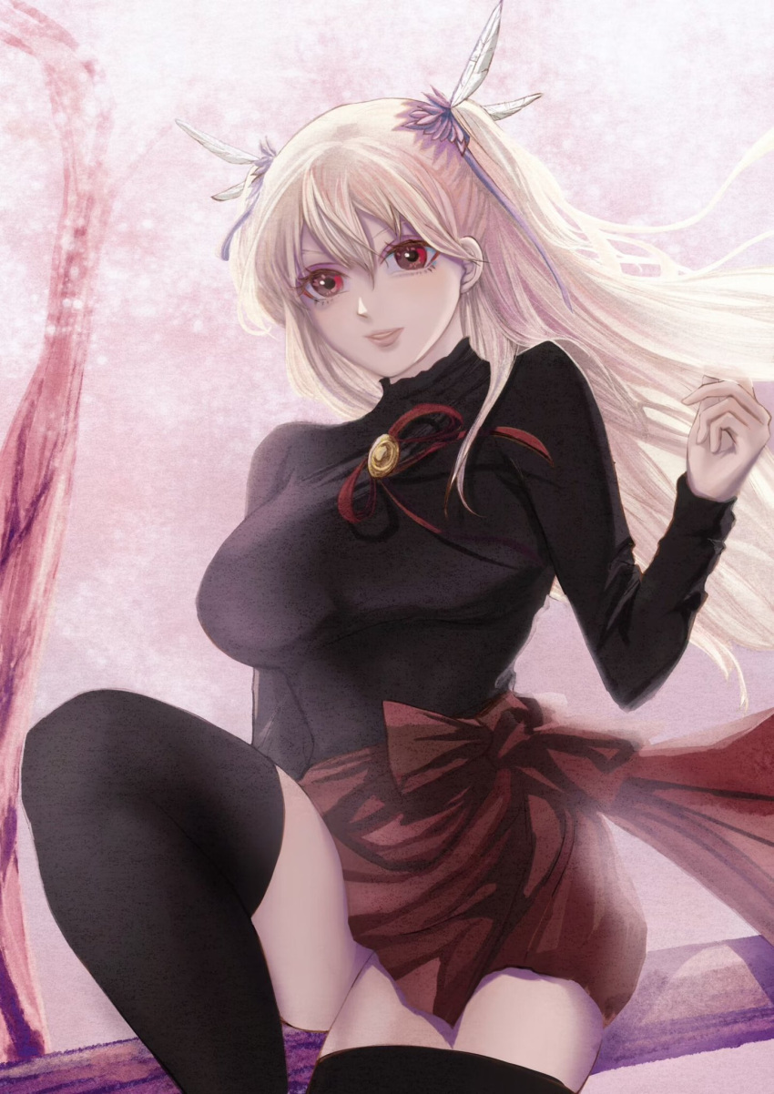 1girl alisa_reinford blonde_hair bow breasts commission double-parted_bangs eiyuu_densetsu english_commentary feather_hair_ornament feathers floating_hair gradient_background hair_between_eyes hair_ornament highres large_breasts long_hair long_sleeves looking_at_viewer pink_background red_eyes sen_no_kiseki sen_no_kiseki_iii simple_background skirt smile solo thigh-highs yurya_elfead