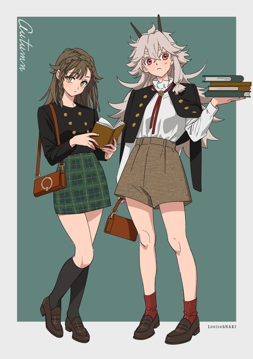2girls bag bare_legs black_jacket black_shirt black_socks book book_stack border braid brown_footwear brown_hair brown_shorts buttons crown_braid double-breasted green_background green_skirt grey_hair handbag high-waist_shorts high-waist_skirt highres holding holding_book horns jacket kneehighs loafers long_hair looking_at_viewer moya_(toatomoot) multiple_girls neck_ribbon open_book open_clothes open_jacket original outside_border plaid plaid_skirt red_eyes red_ribbon red_socks ribbon shirt shoes shorts simple_background skirt socks spiky_hair white_border white_shirt yellow_eyes