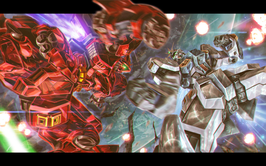 axis_(gundam) battle char's_counterattack commentary_request damaged duel earth_(planet) exhaust explosion from_below glowing glowing_eye glowing_eyes green_eyes gundam highres mecha missing_limb mobile_suit no_humans nu_gundam one-eyed planet punching robot sazabi science_fiction space thrusters uungunover war