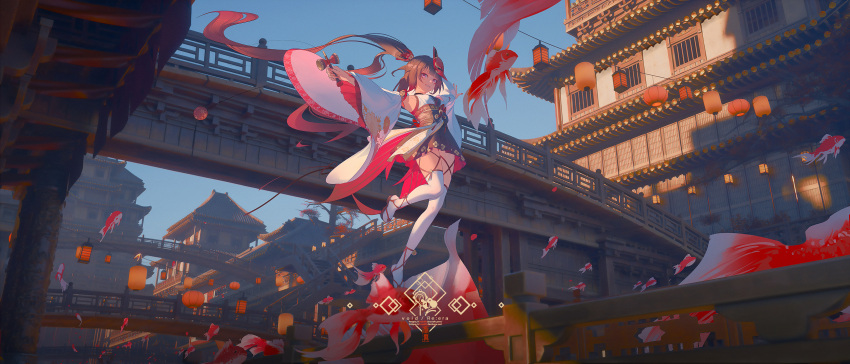 1girl absurdres alternate_costume architecture artist_logo artist_name black_skirt blue_sky blunt_bangs bridge brown_hair commentary_request day detached_sleeves east_asian_architecture english_commentary fish floating_hair flying_fish fox_mask gold goldfish grin highres holding holding_toy honkai:_star_rail honkai_(series) japanese_clothes kendama kimono lantern long_hair looking_ahead looking_at_viewer mask mask_on_head mixed-language_commentary nail_polish outdoors outstretched_arms over-kneehighs paper_lantern parted_lips pink_eyes pink_nails red_nails skirt sky sleeveless sleeveless_kimono smile solo sparkle_(honkai:_star_rail) spread_arms thigh-highs toy tree twintails very_long_hair void_0 web_address white_kimono white_sleeves white_thighhighs wide_shot wide_sleeves wooden_bridge