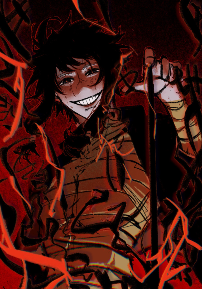 1boy bandaged_arm bandages black_hair black_jacket commentary grin highres hnxxgwx jacket looking_at_viewer male_focus mole mole_under_eye open_clothes open_jacket red_background red_eyes red_pupils sarashi short_hair smile solo symbol-only_commentary touqi_guaitan upper_body ziche_fuzhao