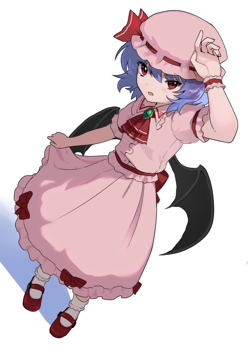 1girl arm_at_side arm_up ascot back_bow bat_wings blue_hair bow commentary_request dutch_angle flower frilled_shirt_collar frilled_wrist_cuffs frills frown full_body hair_between_eyes hat hat_ribbon highres light_blush looking_at_viewer mary_janes mob_cap open_mouth pink_hat pink_shirt pink_skirt pink_wrist_cuffs puffy_short_sleeves puffy_sleeves red_ascot red_bow red_eyes red_flower red_ribbon remilia_scarlet ribbon shirt shoes short_hair short_sleeves simple_background skirt skirt_hold socks solo standing touhou tsurime v-shaped_eyebrows white_background white_socks wings wrist_cuffs xantam0129