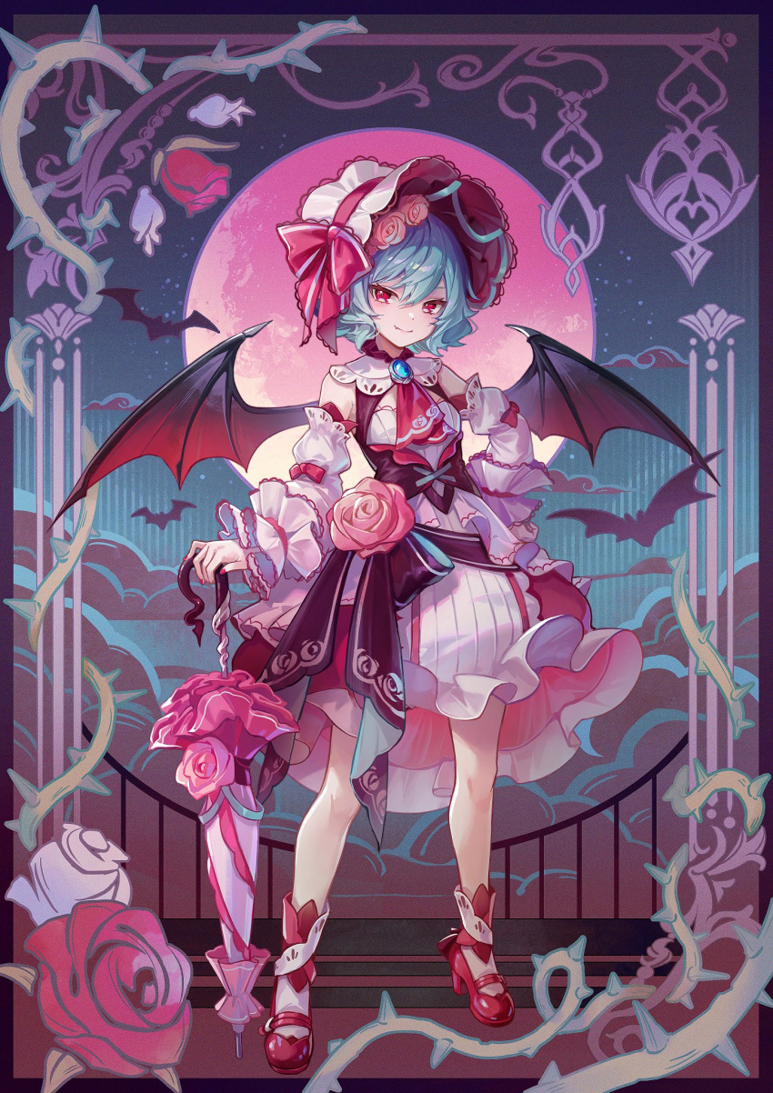 1girl ascot bat_wings blue_gemstone blue_hair breasts contrapposto detached_sleeves dress flower frills full_body full_moon gem hair_between_eyes hand_on_own_hip hat hat_ribbon high_heels highres holding holding_umbrella kyusoukyu moon red_ascot red_eyes red_flower red_footwear red_nails red_rose remilia_scarlet ribbon rose shoes short_hair small_breasts smile solo standing thorns touhou umbrella white_flower white_rose wings