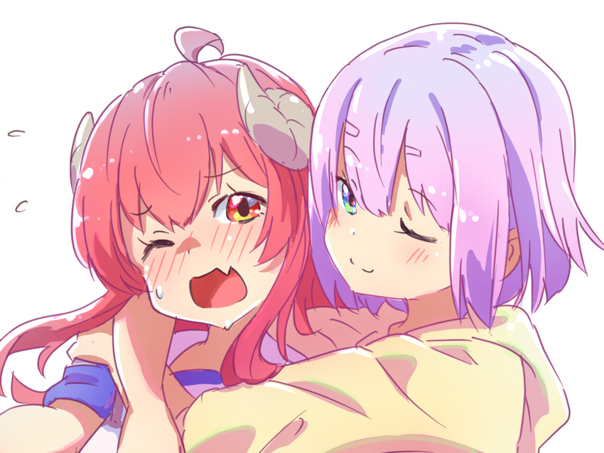 2girls ;) ahoge arms_around_neck blue_eyes blush brown_eyes chiyoda_momo close-up closed_mouth commentary_request curled_horns demon_girl demon_horns embarrassed fang flying_sweatdrops highres horns hug hug_from_behind icorasama looking_at_viewer machikado_mazoku multiple_girls nose_blush one_eye_closed open_mouth pink_hair redhead sidelocks simple_background skin_fang smile split_mouth straight_hair sweatdrop white_background yoshida_yuuko_(machikado_mazoku)