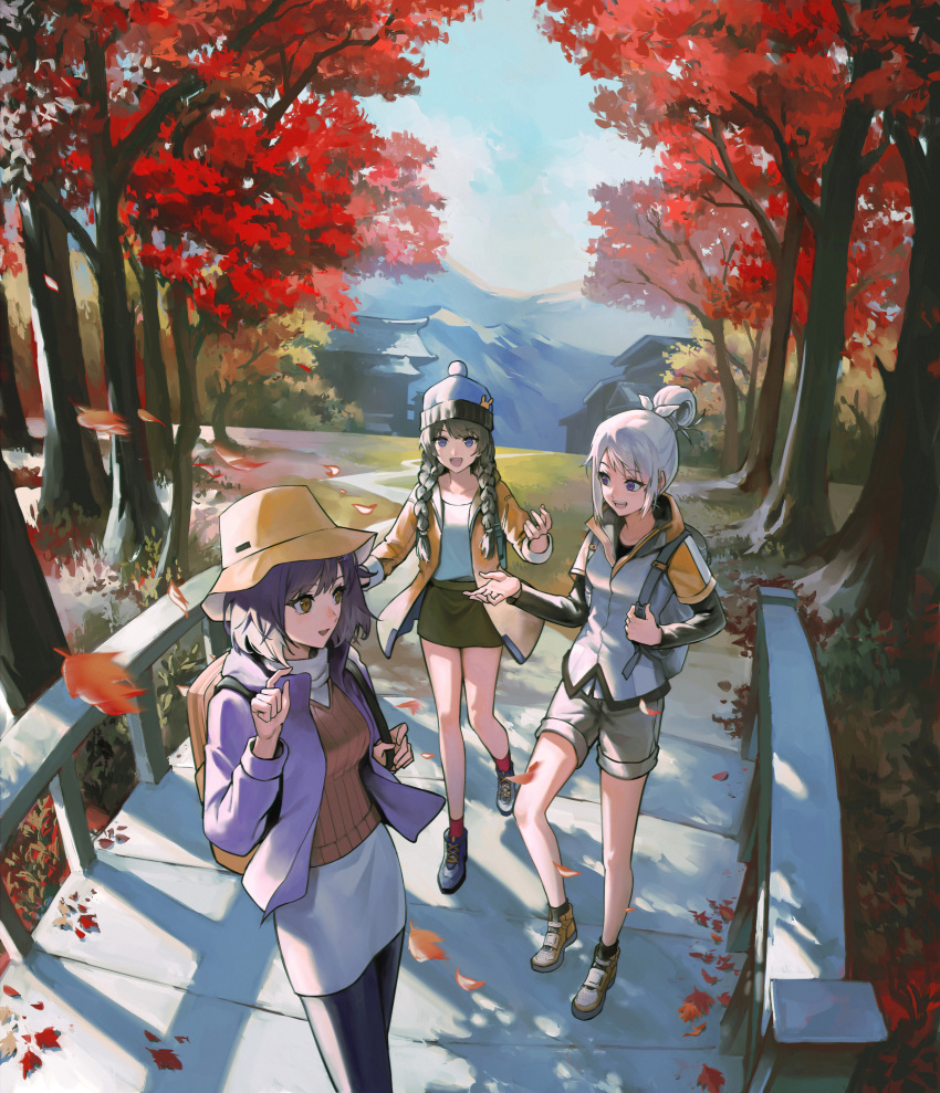 absurdres alternate_costume bag blue_sky bucket_hat commentary_request drill_hair falling_leaves green_hair green_skirt grey_hair grey_shorts hair_over_shoulder hand_up hat highres higuchi_kaede house imageprogram_(kent) jacket jk_gumi_(nijisanji) leaf long_hair long_sleeves looking_at_another mountain nijisanji open_clothes open_jacket open_mouth outdoors ponytail purple_hair purple_jacket shizuka_rin shoes short_hair shorts skirt sky smile standing sweater tree tsukino_mito twin_drills violet_eyes virtual_youtuber walking white_skirt