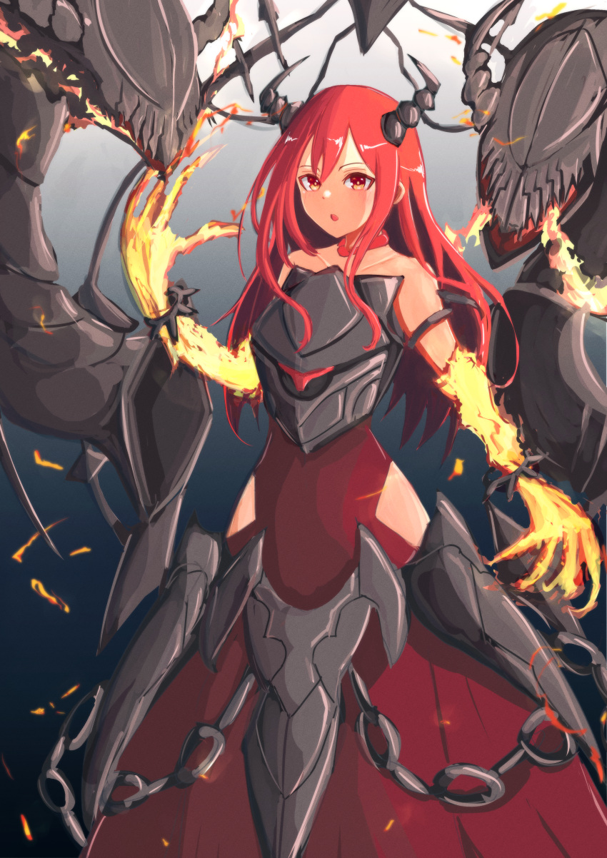 1girl absurdres armor armored_dress chain chest_armor clothing_cutout demon_girl demon_horns dress duel_monster flaming_hand highres horns long_hair looking_at_viewer promethean_princess_bestower_of_flames red_dress red_eyes redhead shakepuri_purin solo standing strapless strapless_dress thigh_cutout yu-gi-oh!