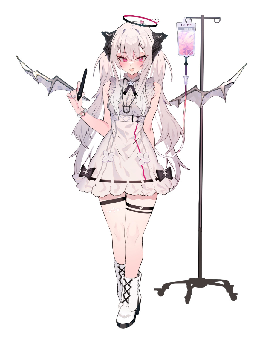 1girl :d absurdres amanatsu_leo bare_shoulders black_bow blush boots bow demon_horns demon_wings detached_wings dress frilled_dress frills full_body grey_hair grey_nails grey_wings halo hand_up highres holding holding_pen horns indie_virtual_youtuber intravenous_drip iv_stand long_hair looking_at_viewer mini_wings nail_polish pen simple_background sleeveless sleeveless_dress smile solo soukou_makura standing thigh_strap two_side_up violet_eyes virtual_youtuber watch watch white_background white_dress white_footwear wings