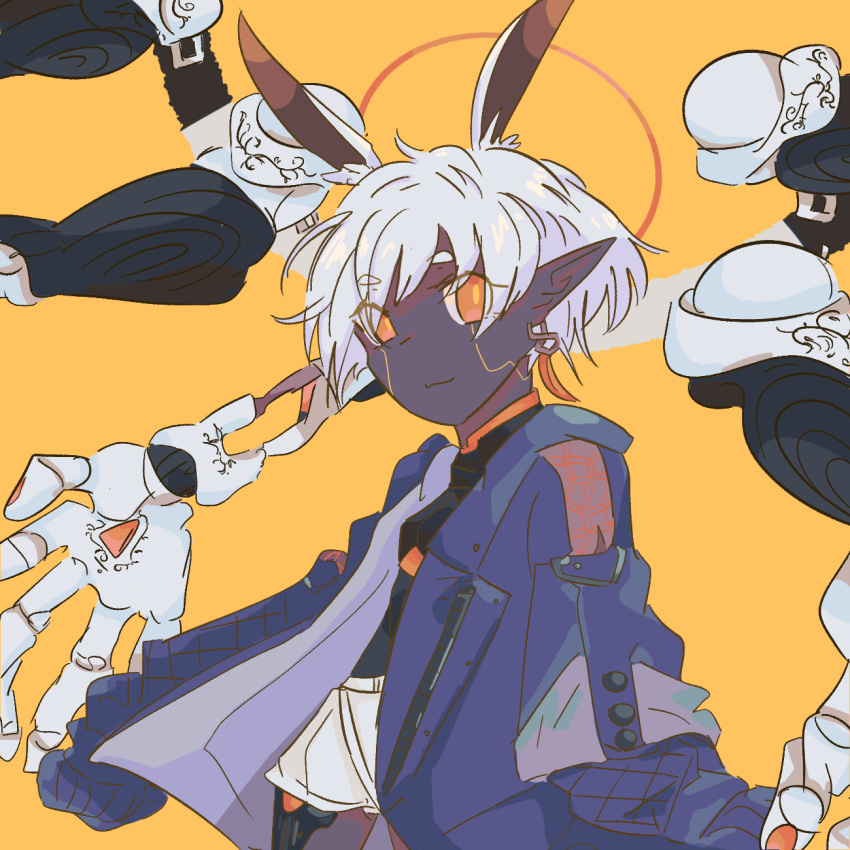 1girl :3 android animal_ears blue_jacket cropped_legs crymachina dark-skinned_female dark_skin disembodied_limb earrings eyes_visible_through_hair floating floating_object halo highres jacket jewelry long_sleeves looking_at_viewer mechanical_arms noah_(crymachina) noctishy orange_background orange_eyes orange_halo pointy_ears rabbit_ears short_hair shorts simple_background single_earring solo thick_eyebrows white_hair white_shorts