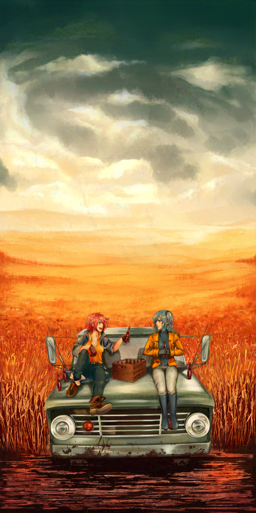2girls absurdres black_gloves blue_hair boots bottle brown_gloves car claire_rieveldt clouds cloudy_sky commission crate eiyuu_densetsu field gloves highres holding holding_bottle jacket mixed-language_commentary motor_vehicle multiple_girls old_car open_clothes open_jacket pink_hair red_eyes sara_valestein sen_no_kiseki side_ponytail sitting_on_car sky smile spectersticks wheat_field yellow_eyes