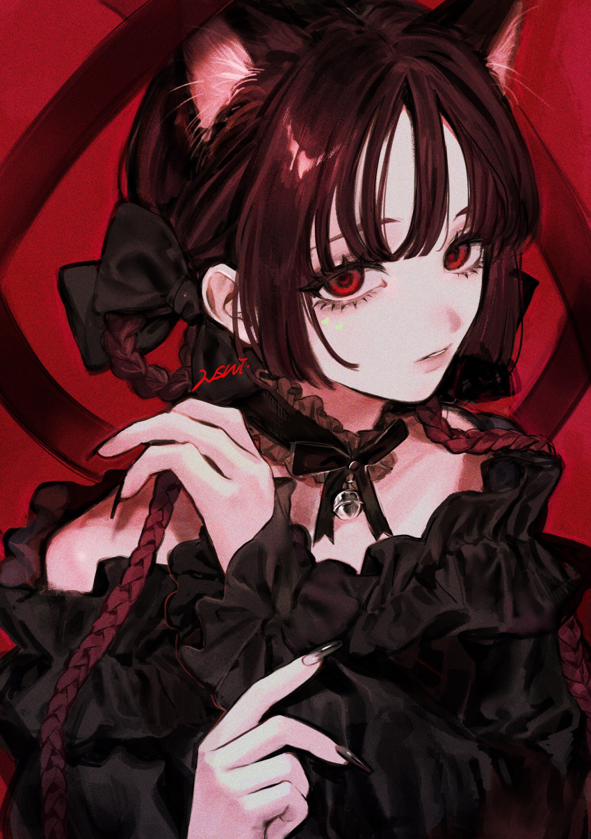 1girl absurdres animal_ears bare_shoulders bell black_bow black_dress black_nails bow cat_ears cat_tail dress extra_ears fingernails frills hair_bow highres jingle_bell kaenbyou_rin long_fingernails multiple_tails neck_bell red_background red_eyes redhead sharp_fingernails signature solo tail touhou two_tails usui_(takoo718)