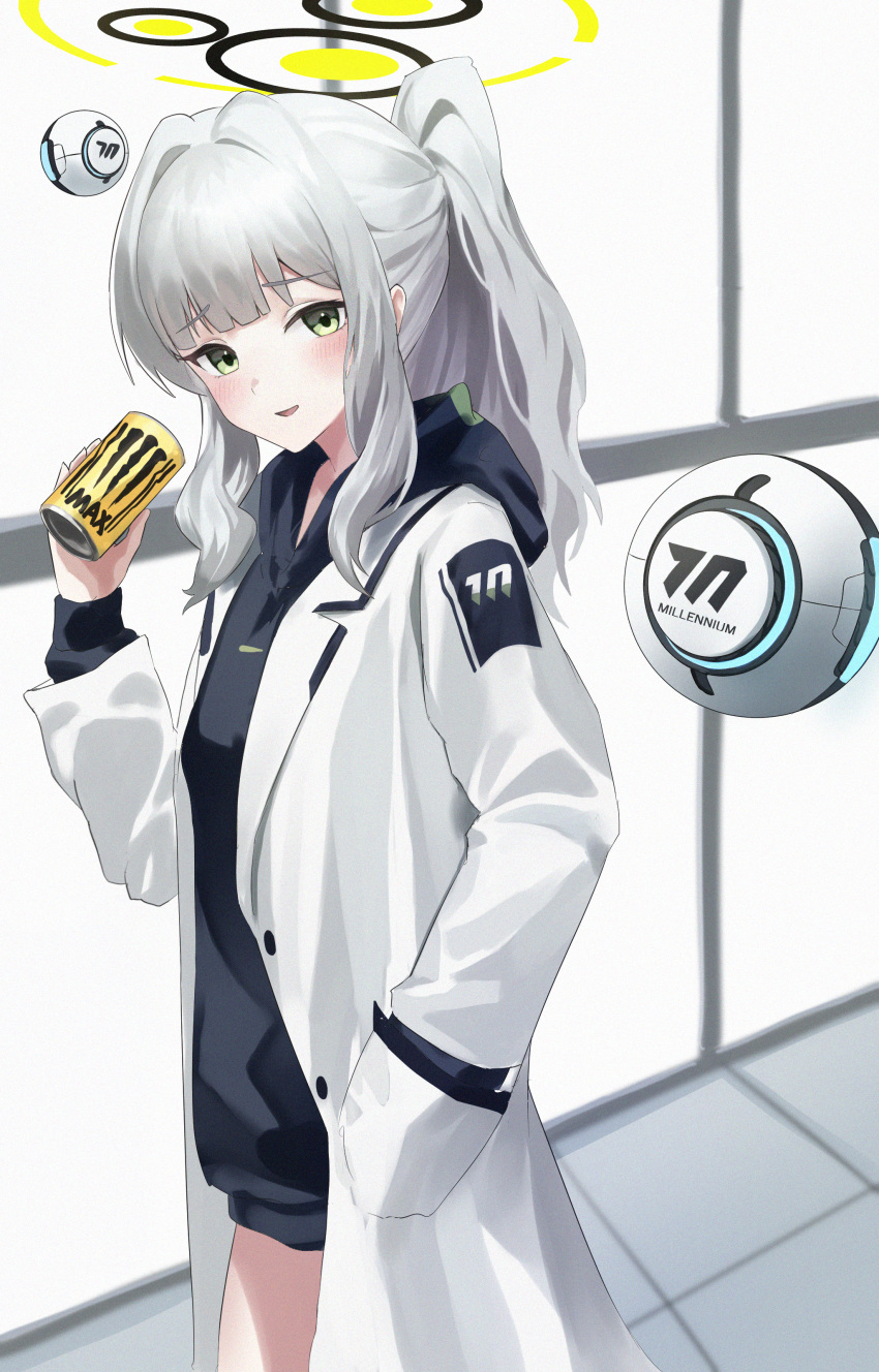 1girl absurdres blue_archive can commentary_request cowboy_shot drone green_eyes green_halo grey_hair halo hand_in_pocket hare_(blue_archive) highres holding holding_can long_hair long_sleeves looking_at_viewer looking_to_the_side monster_energy parted_lips ponytail solo user_unjn8444