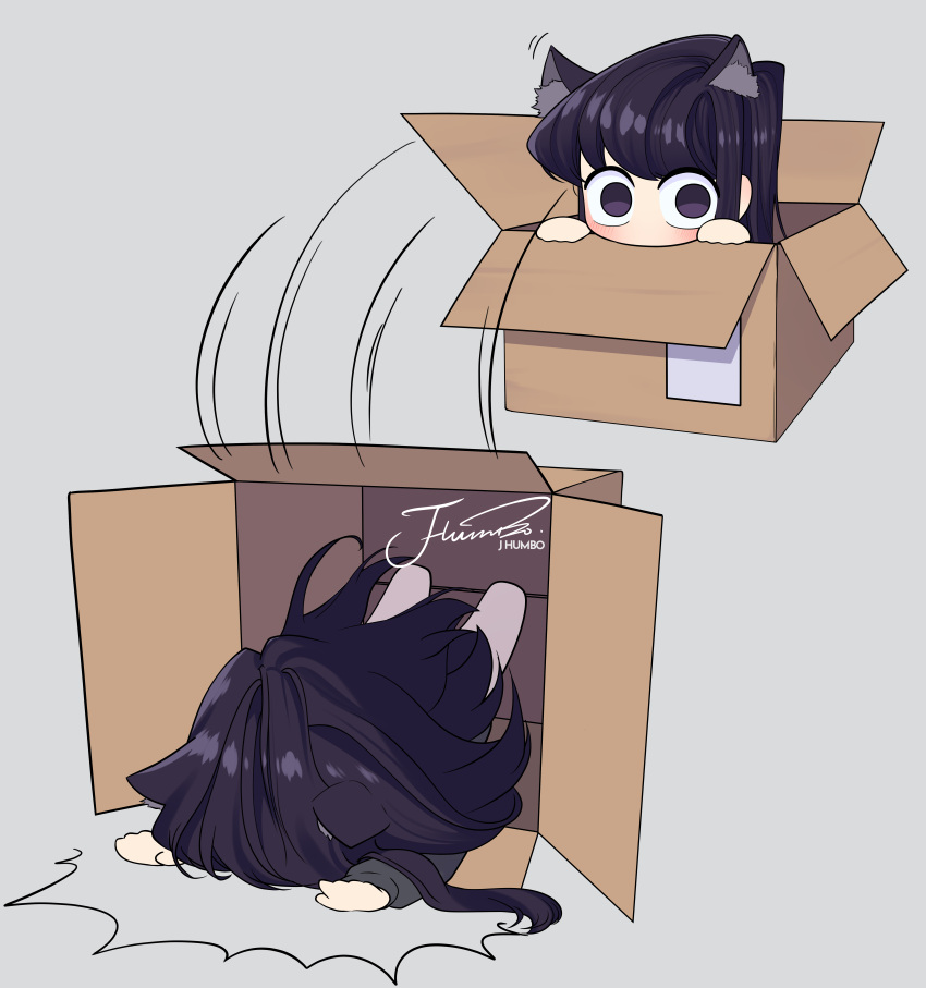 1girl absurdres animal_ear_fluff animal_ears artist_name barefoot blush box cardboard_box cat_ears chibi face_down faceplant falling grey_background hands_up highres in_box in_container j_humbo komi-san_wa_komyushou_desu komi_shouko long_hair looking_at_viewer motion_lines no_nose peeking_out purple_hair signature simple_background solo swept_bangs very_long_hair violet_eyes