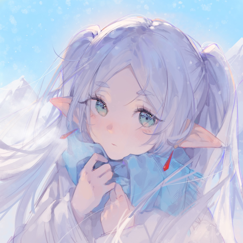 1girl adjusting_scarf blue_scarf blush ear_blush earrings forehead frieren gem green_eyes highres jewelry light_blush looking_at_viewer mugoa_mugo parted_bangs pointy_ears red_gemstone scarf short_eyebrows sideways_glance snow snowflakes solo sousou_no_frieren twintails upper_body white_hair