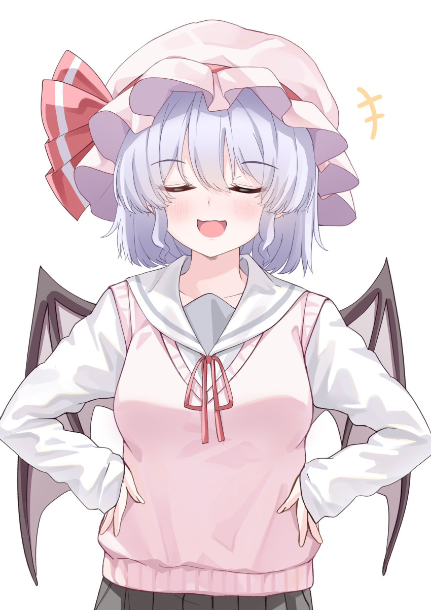 1girl :d alternate_costume bat_wings blush closed_eyes collarbone commentary_request facing_viewer grey_hair hands_on_own_hips hat hat_ribbon highres long_sleeves mahoro_(minase_mahoro) mob_cap open_mouth pink_sweater red_ribbon remilia_scarlet ribbon short_hair simple_background smile solo sweater touhou upper_body white_background white_hat wings