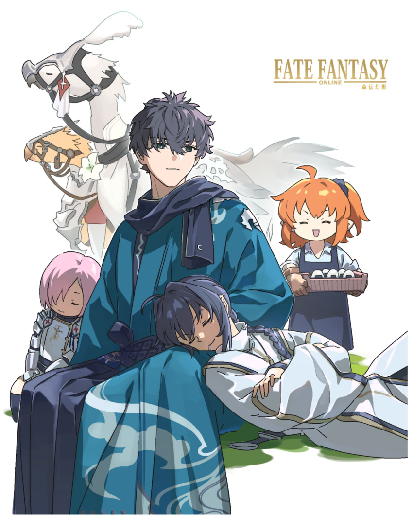 1boy 1other 2girls ahoge androgynous apron armor black_hair black_hakama blue_eyes blue_kimono braid braided_ponytail chibi chocobo closed_eyes crossover drooling fate/grand_order fate/samurai_remnant fate_(series) final_fantasy food formybestcp fujimaru_ritsuka_(female) hair_intakes hakama highres holding holding_tray japanese_clothes jewelry kimono lap_pillow leaning_on_person long_hair lying mash_kyrielight miyamoto_iori_(fate) mouth_drool multiple_girls necklace on_back onigiri scarf simple_background single_braid sitting sleeping smile tray white_background white_kimono yamato_takeru_(fate)